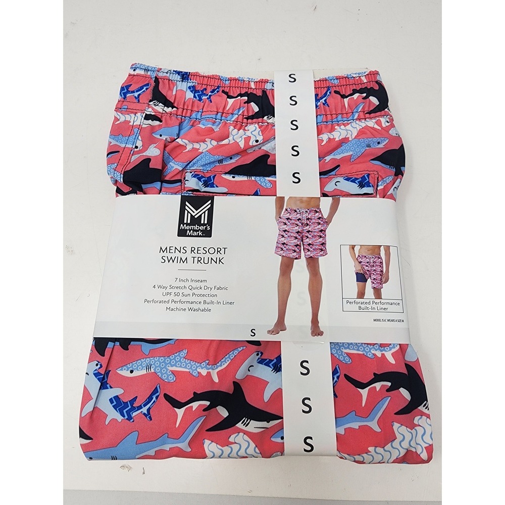 Member's Mark Mens Resort Swim Trunks Pink Shark Print Poly Blend Relaxed Size S